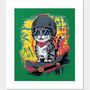 A unique and fun design featuring a stylish cat wearing a helmet and skateboarding Posters and Art